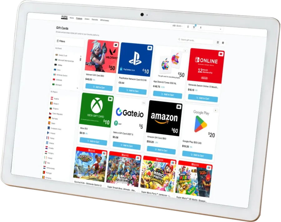 Manastore gift card catalogue on a tablet